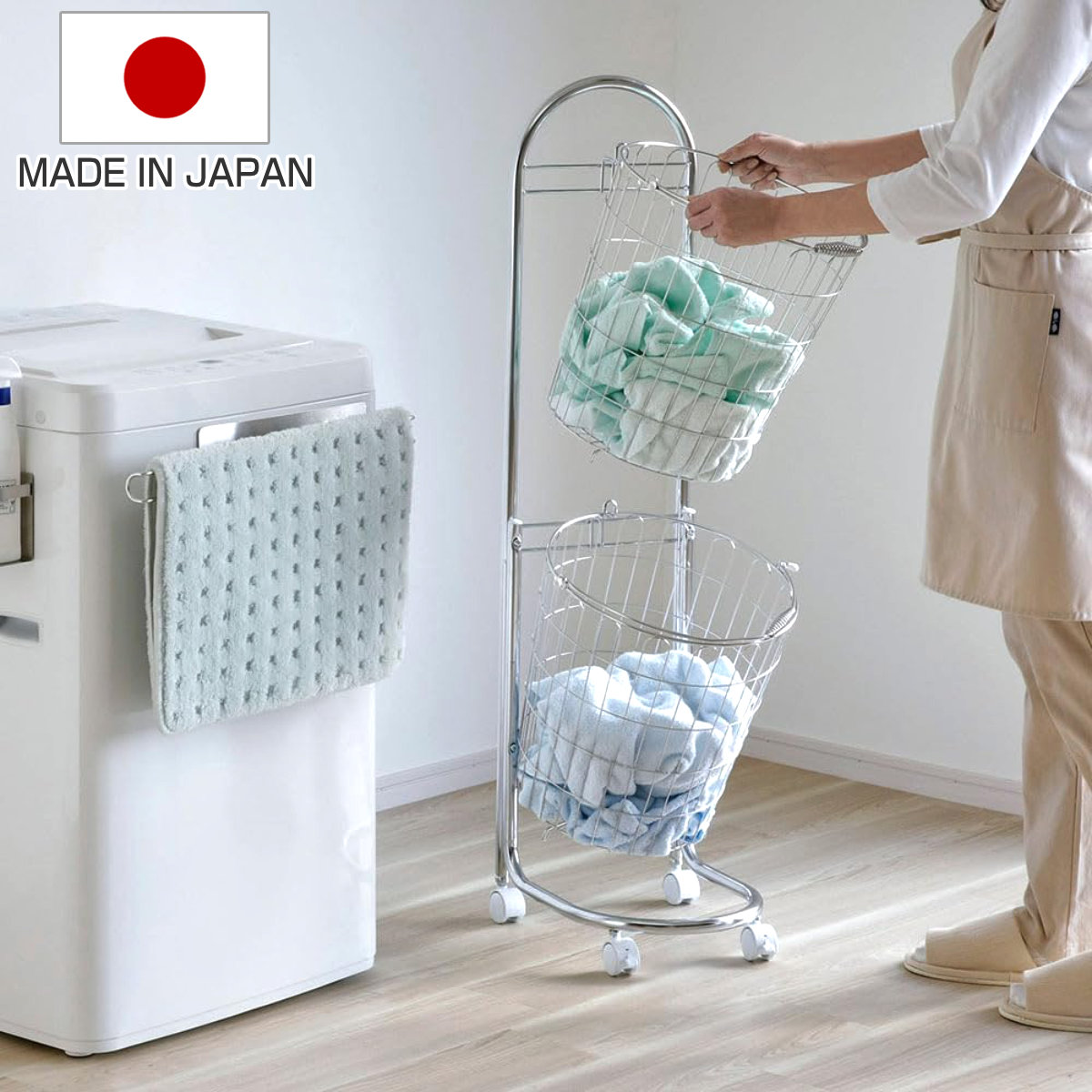洗濯かご2段 ステンレス製洗濯かご 洗濯 バスケット （ ラック ワゴン ランドリーボックス ステンレス 省スペース コンパクト 2段 洗濯ラック 洗濯物入れ 脱衣カゴ ）