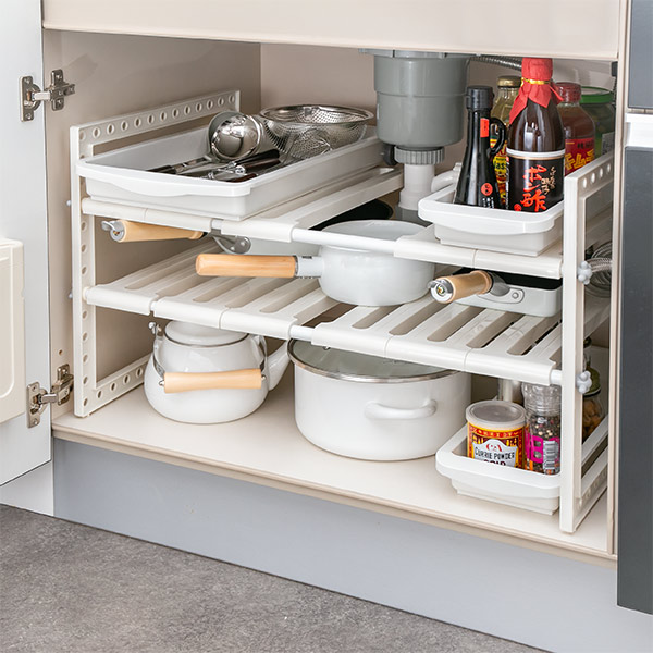 Dショッピング シンク下 収納 伸縮式 2段 ワイド 排水管をよけて設置できる 収納ラック 奥行40cm シンク下ラック キッチンラック 収納棚 シンク下収納 洗面台下 流し台下 コンロ下 幅伸縮 ラック 棚 可動棚 フリーラック 整理棚 キッチン カテゴリ キッチン収納