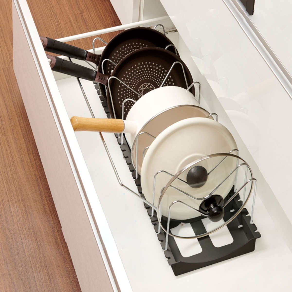 フライパンスタンド フライパン 鍋 鍋ふた スタンド 2WAY ワイドタイプ ブラックシリーズ ( 鍋スタンド 鍋蓋スタンド フライパン立て 収納 伸縮 鍋蓋立て フタ置き 仕切り シンク下 収納スタンド 引出し内 45.2~87.2cm )