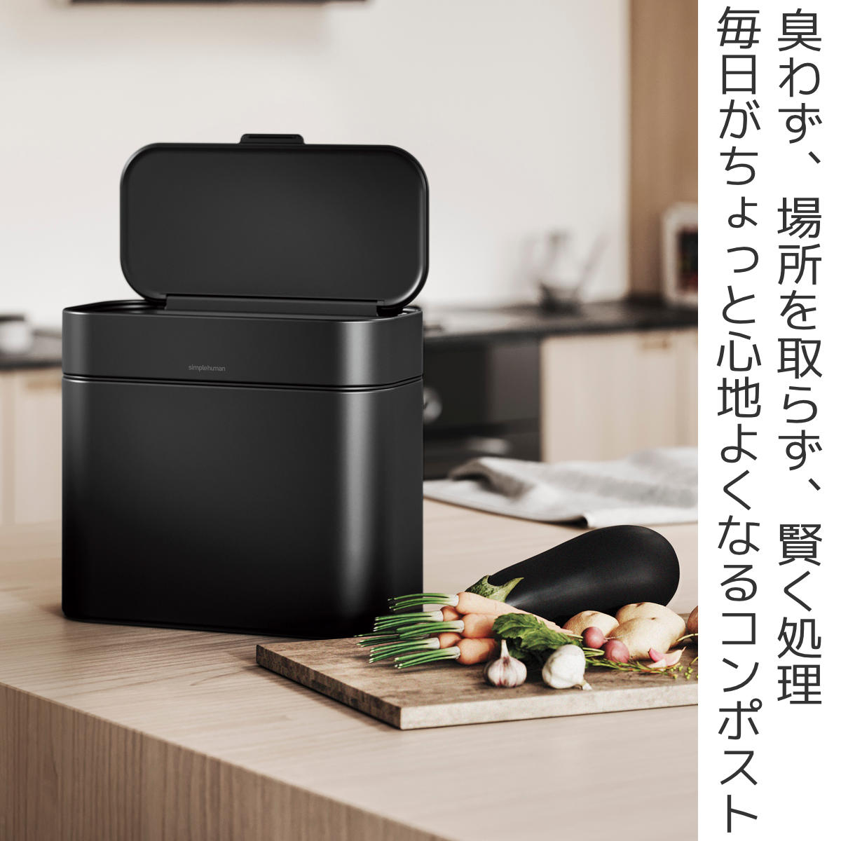 ゴミ箱 4L simplehuman 正規品 コンポストキャディ マットブラック ホワイト 密閉 防臭 ( ごみ箱 4リットル シンプルヒューマン 生ゴミ用 卓上 キッチン メーカー保証付き ふた付き 小さい コンパクト ニオイ 対策 マグネット サブ ) 【ブラック】 ブラック