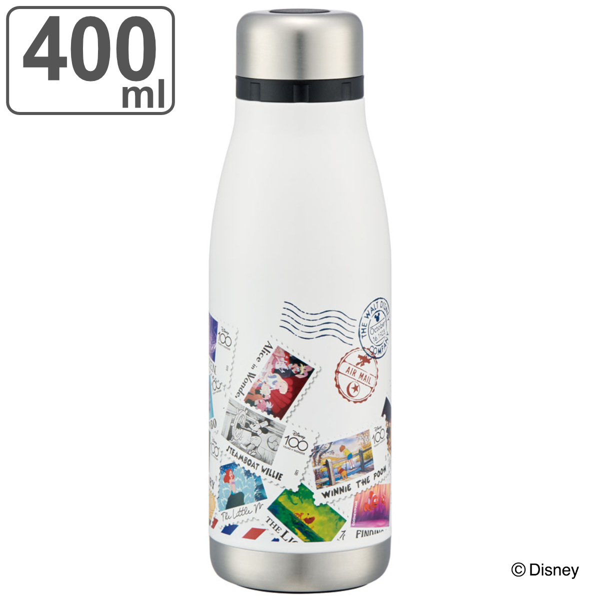 水筒 400ml 保温 保冷 超軽量 コンパクトステンボトル キャラクター （ ディズニー 100周年 ステンレスボトル マグボトル すいとう  ワンタッチオープン ボトル ロック付き 女子 大人 スリム コンパクト 真空 二重構造 ）