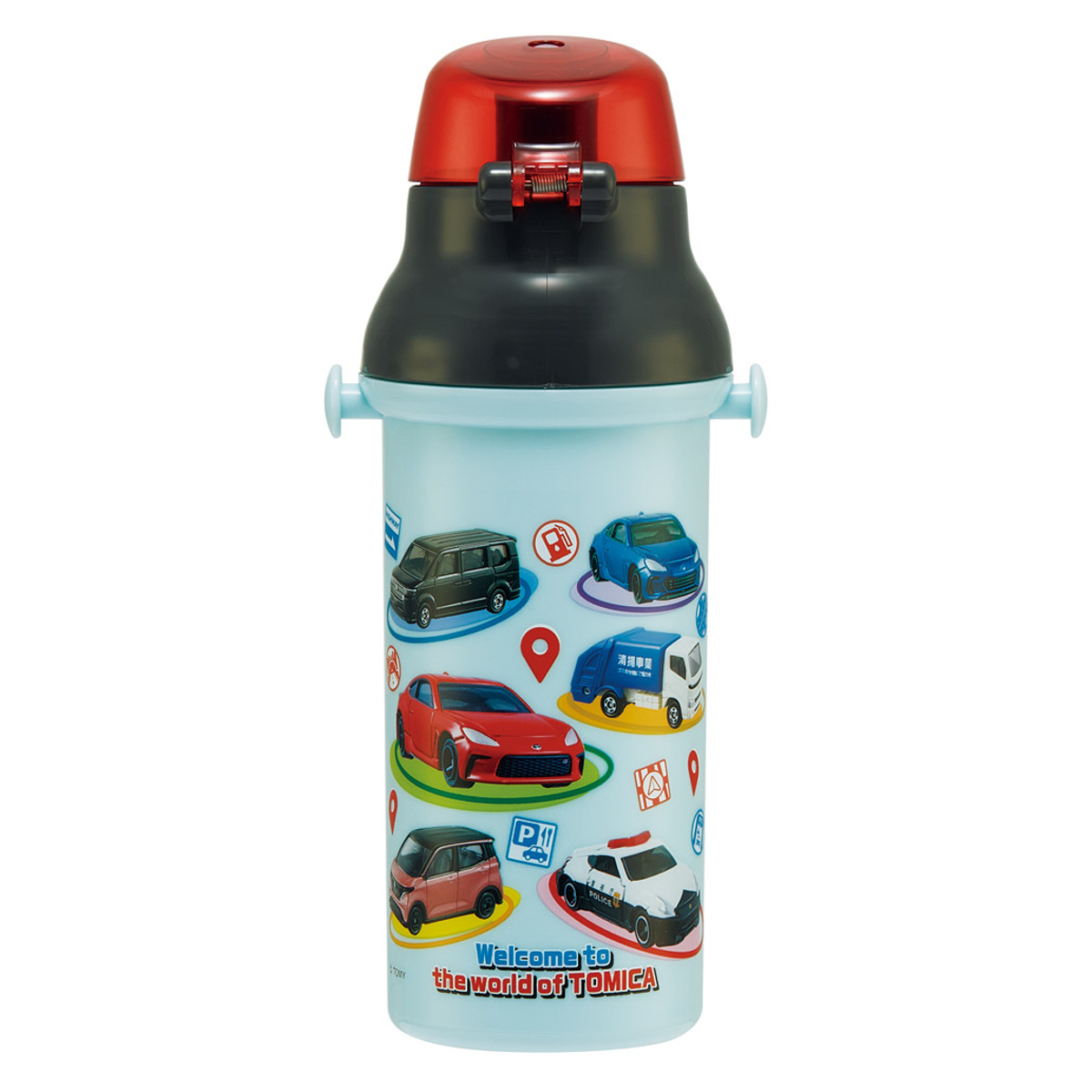 水筒 480ml 抗菌直飲プラボトル トミカ25 ( TOMICA 子供用 抗菌 プラスチック製 ダイレクトボトル 直飲み ワンタッチ 日本製 抗菌加工 AG 銀 ショルダーベルト付き 広口 軽量 ボトル ワンプッシュ )