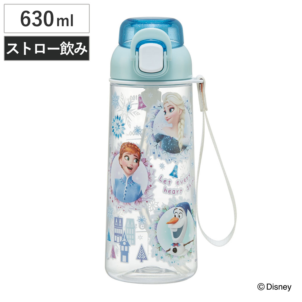 水筒 630ml ワンプッシュストローボトル アナと雪の女王 ( アナ雪 子供用 プラスチック ストローボトル クリア ワンタッチ 目盛り ストラップ付き 広口 軽量 ストロー ボトル ワンプッシュ )
