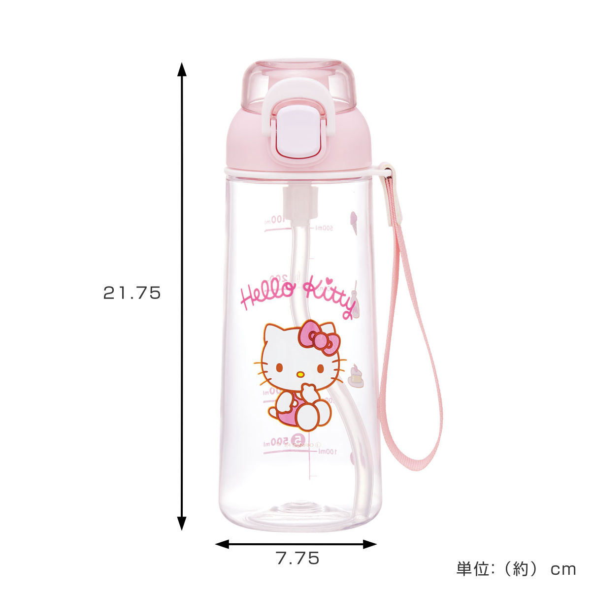 水筒 630ml ワンプッシュストローボトル ハローキティ ( キティ 子供用 プラスチック ストローボトル クリア ワンタッチ 目盛り ストラップ付き 広口 軽量 ストロー ボトル ワンプッシュ )