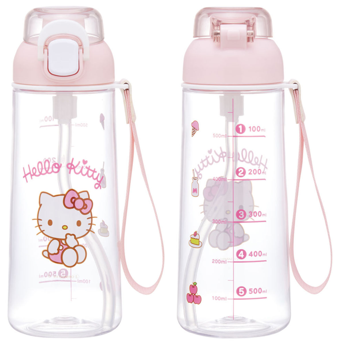 水筒 630ml ワンプッシュストローボトル ハローキティ ( キティ 子供用 プラスチック ストローボトル クリア ワンタッチ 目盛り ストラップ付き 広口 軽量 ストロー ボトル ワンプッシュ )