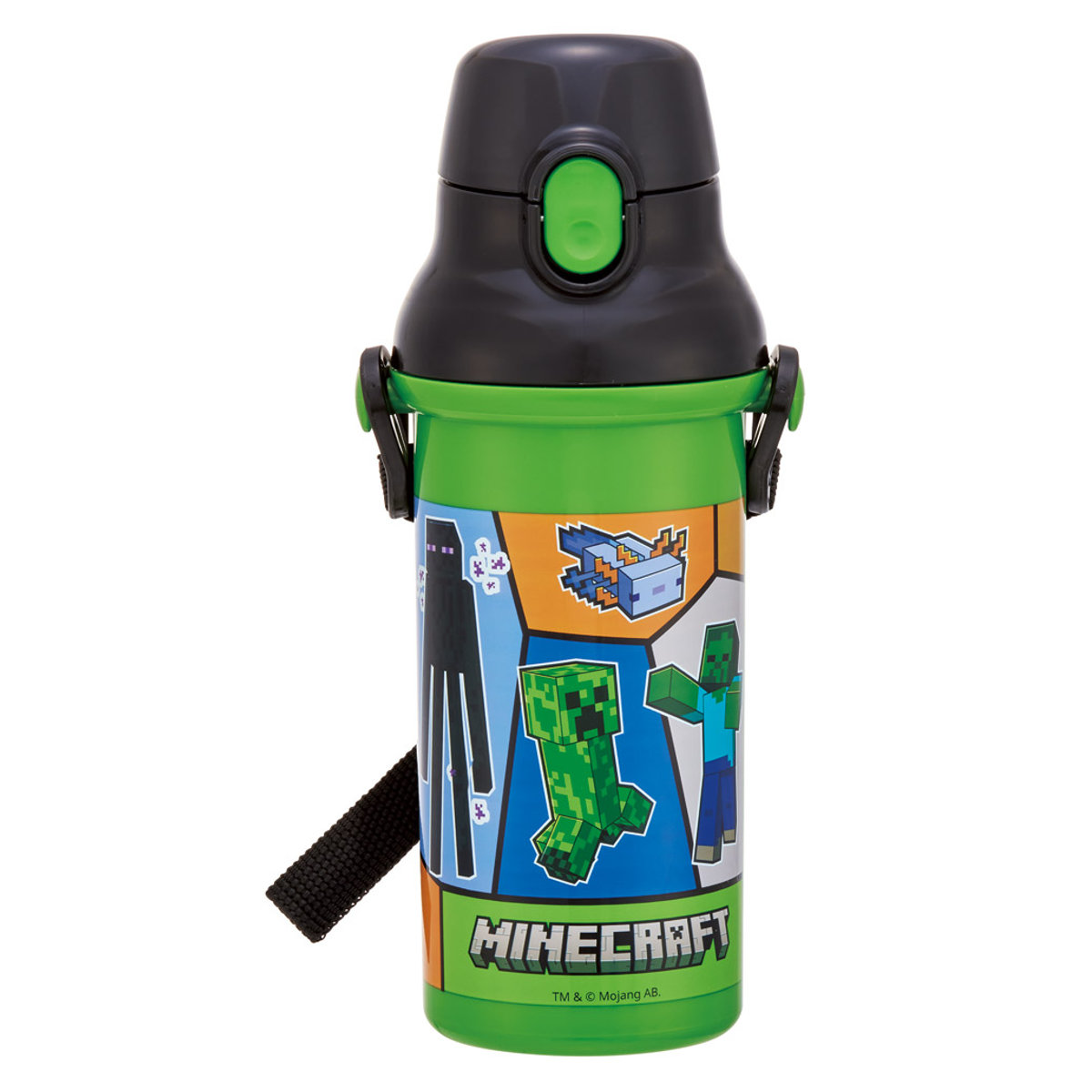 水筒 480ml 抗菌直飲プラボトル マインクラフト25 ( マインクラフト 子供用 抗菌 プラスチック製 ダイレクトボトル 直飲み ワンタッチ 日本製 抗菌加工 AG 銀 ショルダーベルト付き 広口 軽量 ボトル ワンプッシュ )