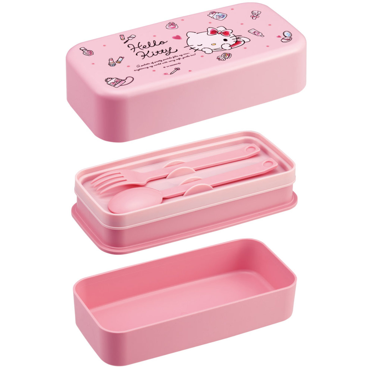 弁当箱 2段 1L カトラリー付ランチボックス キティ 水彩コスメ ( ハローキティ ランチボックス 食洗機対応 レンジ対応 二段 カトラリー 付き 日本製 仕切り付き スプーン フォーク 食洗機OK レンジOK お弁当 弁当 二段弁当 )
