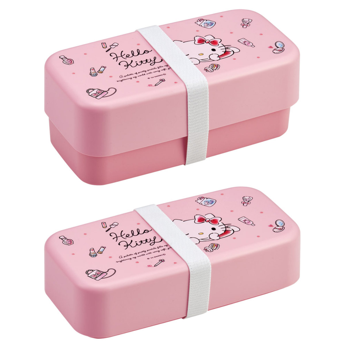 弁当箱 2段 1L カトラリー付ランチボックス キティ 水彩コスメ ( ハローキティ ランチボックス 食洗機対応 レンジ対応 二段 カトラリー 付き 日本製 仕切り付き スプーン フォーク 食洗機OK レンジOK お弁当 弁当 二段弁当 )