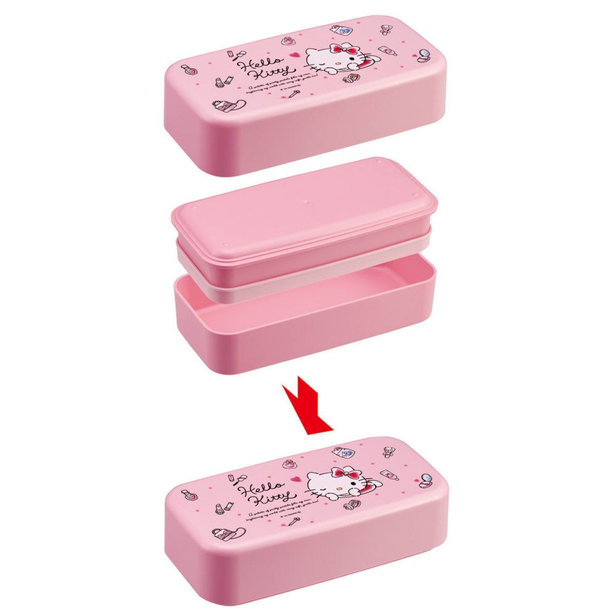 弁当箱 2段 1L カトラリー付ランチボックス キティ 水彩コスメ ( ハローキティ ランチボックス 食洗機対応 レンジ対応 二段 カトラリー 付き 日本製 仕切り付き スプーン フォーク 食洗機OK レンジOK お弁当 弁当 二段弁当 )