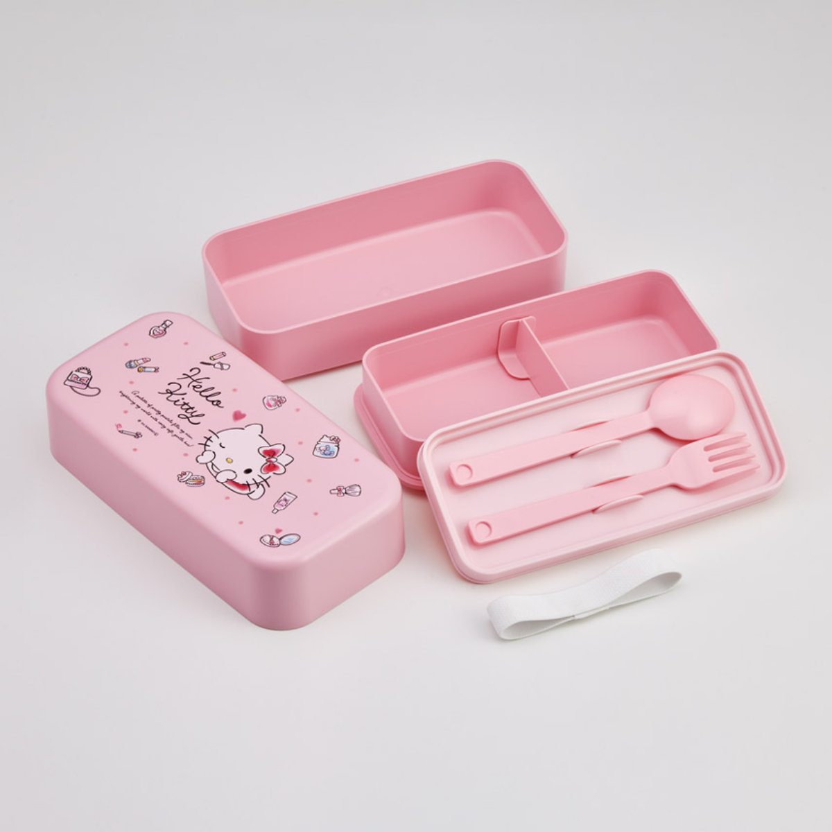 弁当箱 2段 1L カトラリー付ランチボックス キティ 水彩コスメ ( ハローキティ ランチボックス 食洗機対応 レンジ対応 二段 カトラリー 付き 日本製 仕切り付き スプーン フォーク 食洗機OK レンジOK お弁当 弁当 二段弁当 )