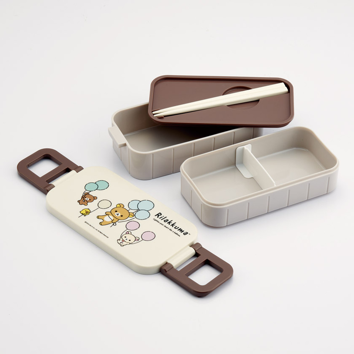 弁当箱 2段 600ml 抗菌タイトランチボックス リラックマ ふわっと風船 ( お弁当箱 抗菌 ランチボックス レンジ対応 お弁当 二段 日本製 おべんとう箱 弁当 仕切り付き お箸付き 抗菌加工 銀 AG 2点ロック )