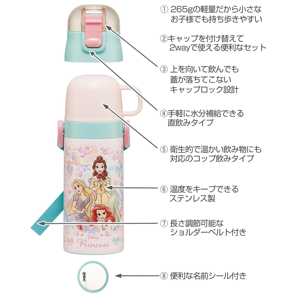 水筒 400ml 350ml 子供用2WAYボトル プリンセス25 ( ディズニープリンセス 保温 保冷 ワンタッチ コップ飲み ストローボトル 2way ステンレスボトル ワンプッシュ 軽量 子供 子供用水筒 幼稚園 保育園 肩紐付き キッズ ボトル )