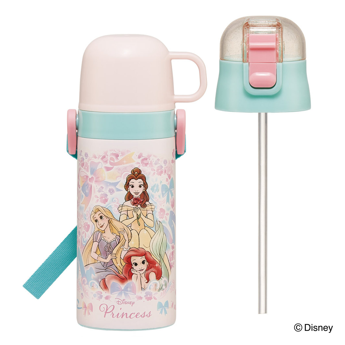 水筒 400ml 350ml 子供用2WAYボトル プリンセス25 ( ディズニープリンセス 保温 保冷 ワンタッチ コップ飲み ストローボトル 2way ステンレスボトル ワンプッシュ 軽量 子供 子供用水筒 幼稚園 保育園 肩紐付き キッズ ボトル )
