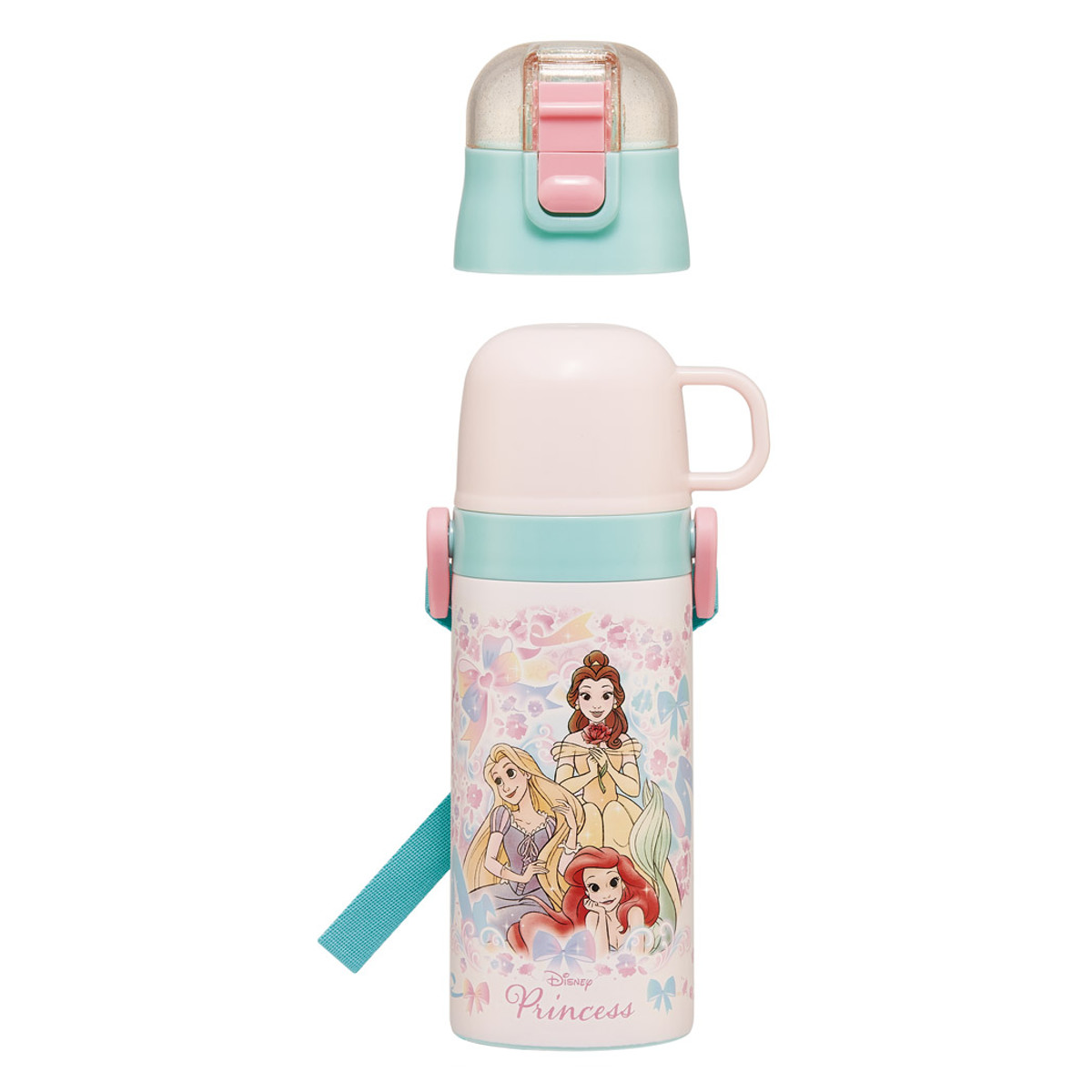 水筒 400ml 350ml 子供用2WAYボトル プリンセス25 ( ディズニープリンセス 保温 保冷 ワンタッチ コップ飲み ストローボトル 2way ステンレスボトル ワンプッシュ 軽量 子供 子供用水筒 幼稚園 保育園 肩紐付き キッズ ボトル )