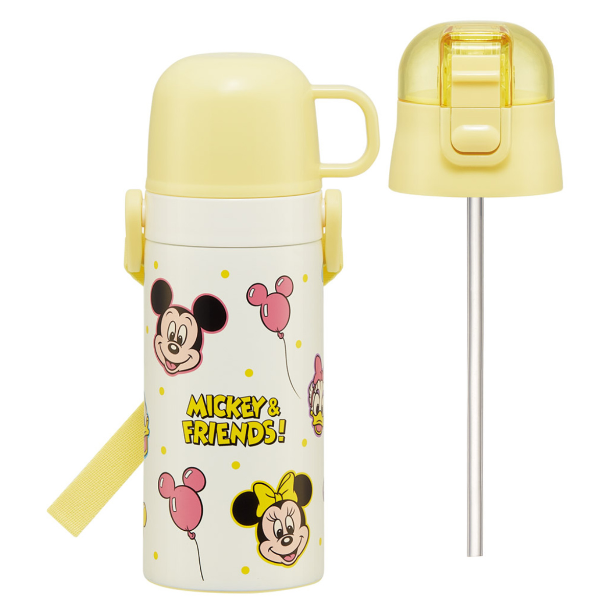 水筒 350ml 子供用2WAYボトル ミッキー&フレンズ風船 ( ディズニー 保温 保冷 ワンタッチ コップ飲み ストローボトル 2way ステンレスボトル ワンプッシュ 軽量 子供 子供用水筒 幼稚園 保育園 肩紐付き キッズ ボトル )