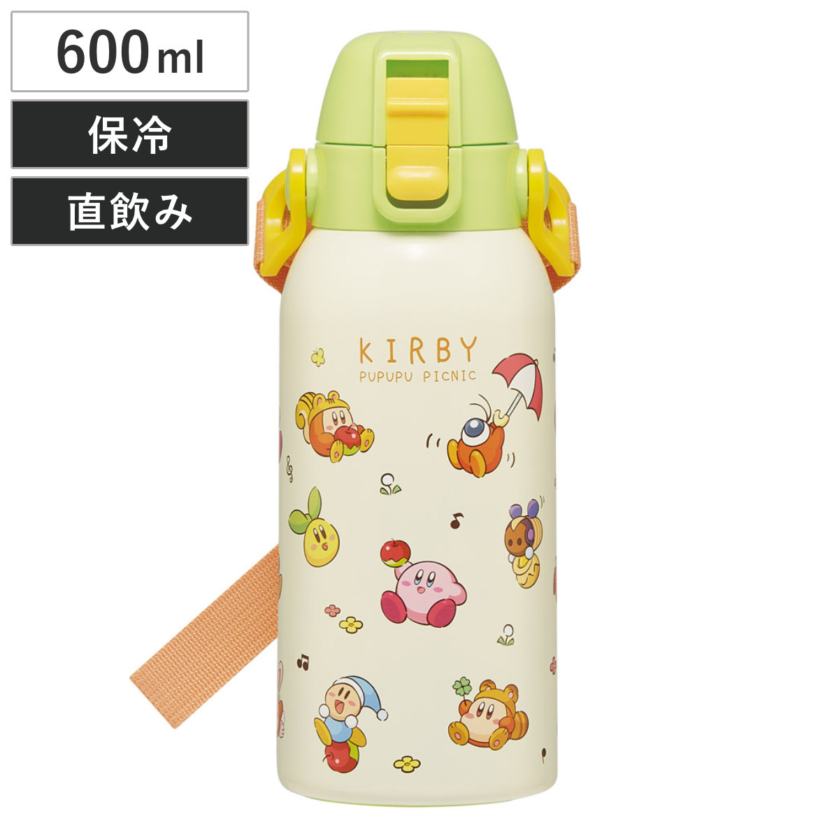 水筒 600ml ダイレクトボトル カービィ ピクニック ( 保冷 直飲み ステンレスボトル ワンプッシュ 直のみ すいとう マグ ボトル ワンタッチ 広口 軽量 軽い マグボトル ベルト付き )