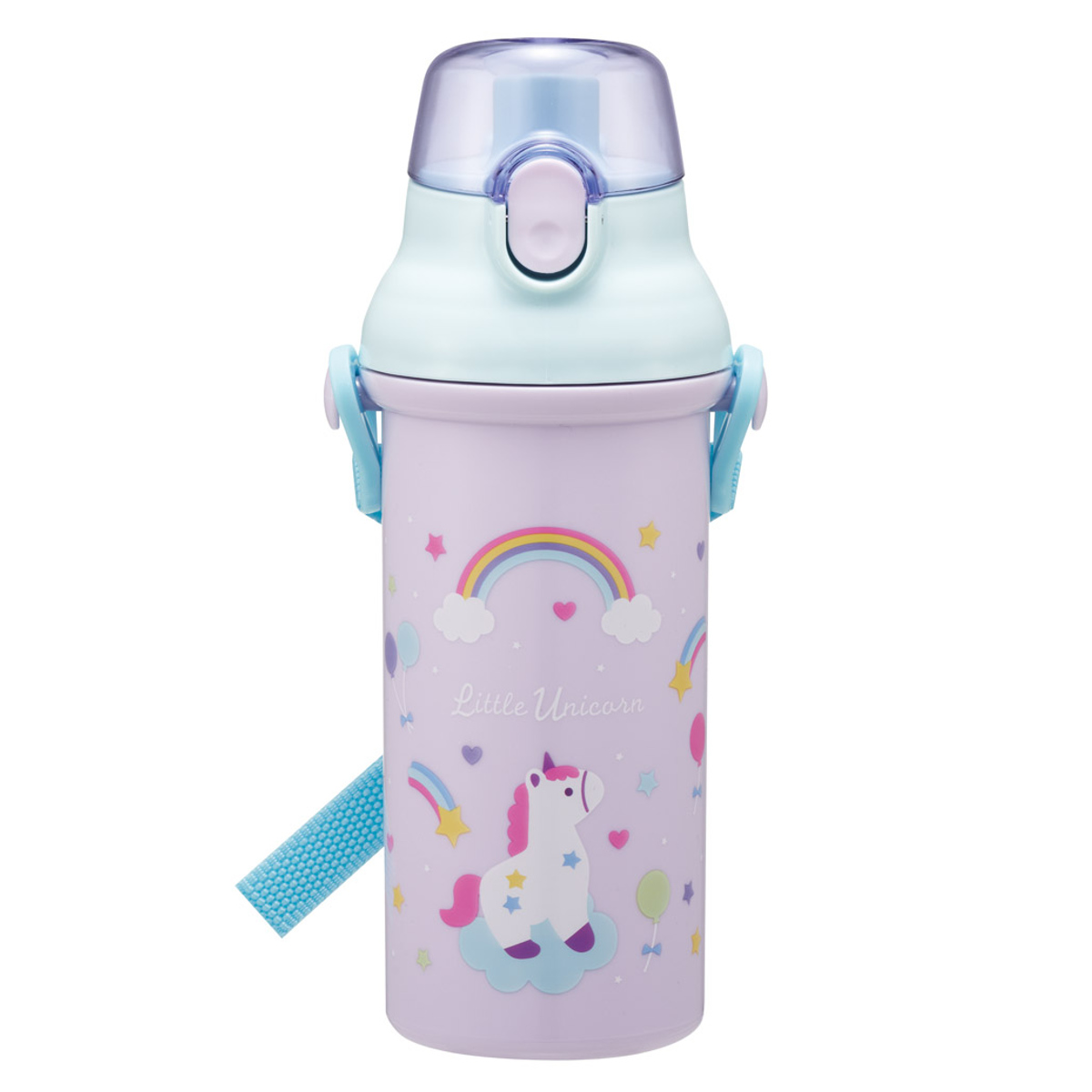 水筒 480ml 抗菌直飲プラボトル リトルユニコーン ( 子供用 抗菌 プラスチック製 ダイレクトボトル 直飲み ワンタッチ 日本製 抗菌加工 AG 銀 ショルダーベルト付き 広口 軽量 ボトル ワンプッシュ )