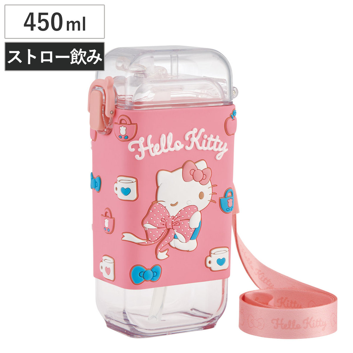 水筒 450ml スクエアストローボトルM キティビックリボン ( ハローキティ ストロー飲み ストローボトル ワンプッシュ プラスチック ストロー ボトル ストラップ付き すいとう 軽い キッズ 子供 クリア )