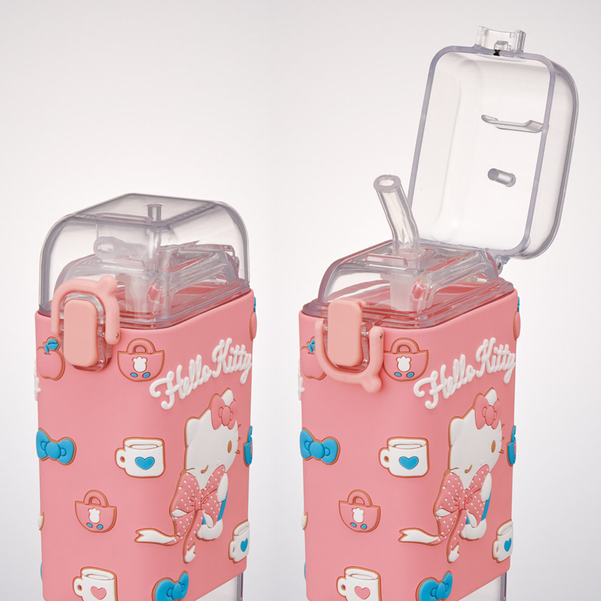 水筒 450ml スクエアストローボトルM キティビックリボン ( ハローキティ ストロー飲み ストローボトル ワンプッシュ プラスチック ストロー ボトル ストラップ付き すいとう 軽い キッズ 子供 クリア )