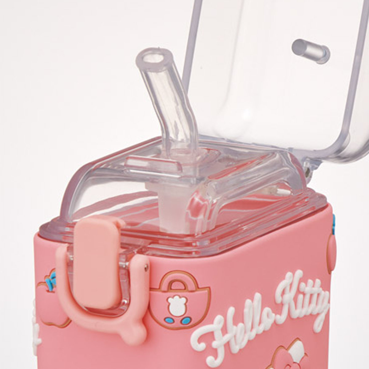 水筒 450ml スクエアストローボトルM キティビックリボン ( ハローキティ ストロー飲み ストローボトル ワンプッシュ プラスチック ストロー ボトル ストラップ付き すいとう 軽い キッズ 子供 クリア )