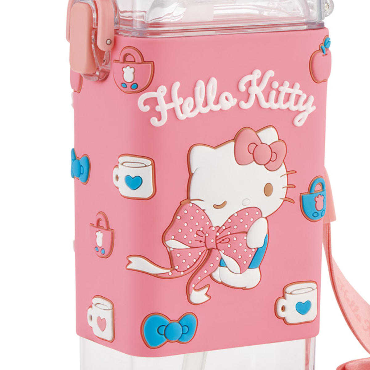 水筒 450ml スクエアストローボトルM キティビックリボン ( ハローキティ ストロー飲み ストローボトル ワンプッシュ プラスチック ストロー ボトル ストラップ付き すいとう 軽い キッズ 子供 クリア )