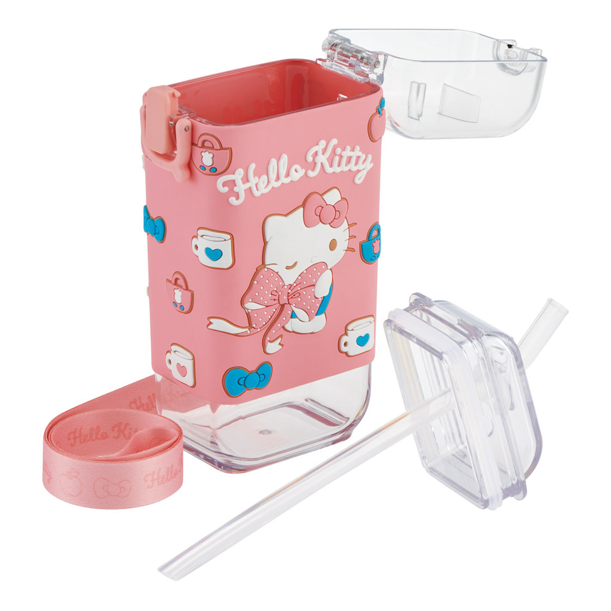 水筒 450ml スクエアストローボトルM キティビックリボン ( ハローキティ ストロー飲み ストローボトル ワンプッシュ プラスチック ストロー ボトル ストラップ付き すいとう 軽い キッズ 子供 クリア )