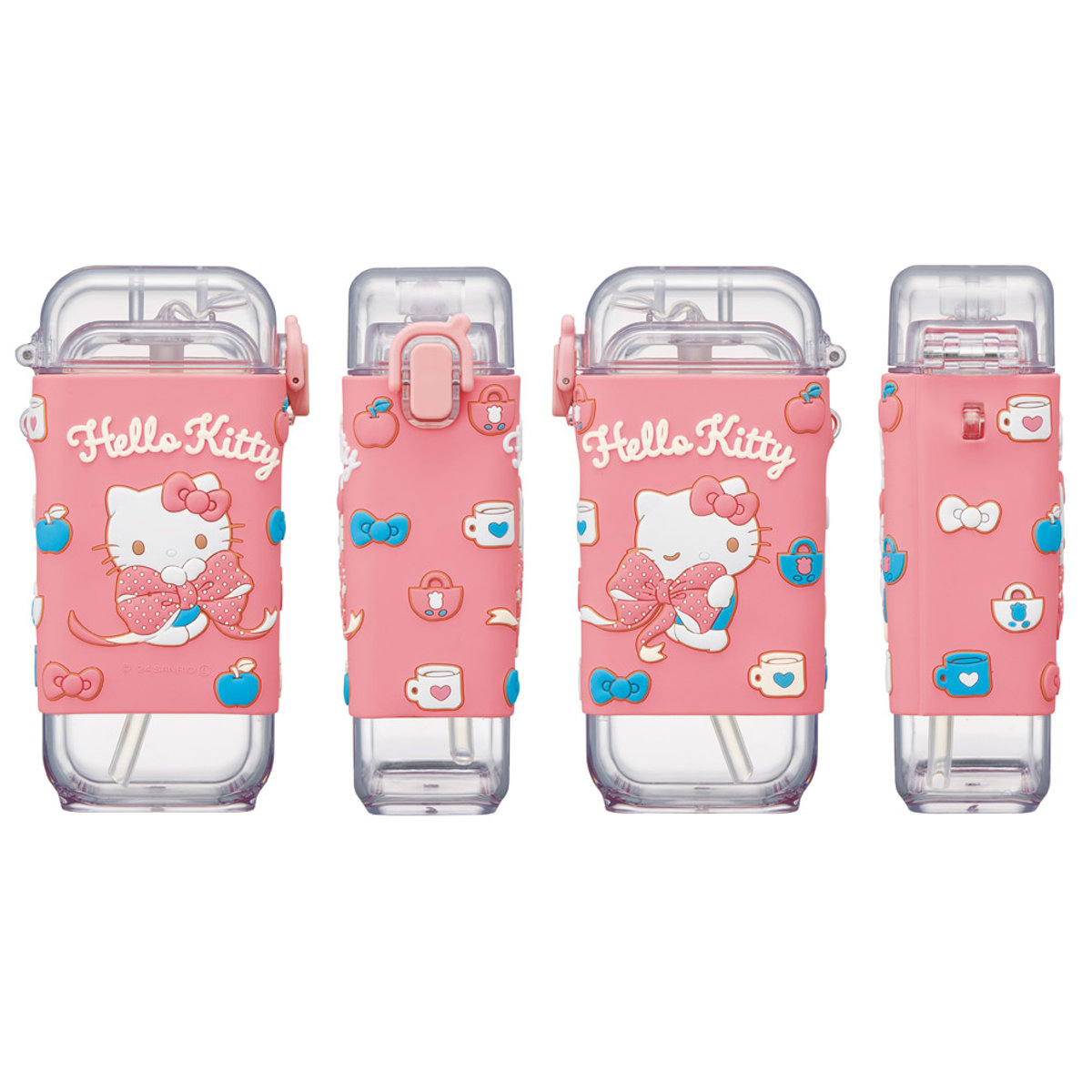水筒 450ml スクエアストローボトルM キティビックリボン ( ハローキティ ストロー飲み ストローボトル ワンプッシュ プラスチック ストロー ボトル ストラップ付き すいとう 軽い キッズ 子供 クリア )