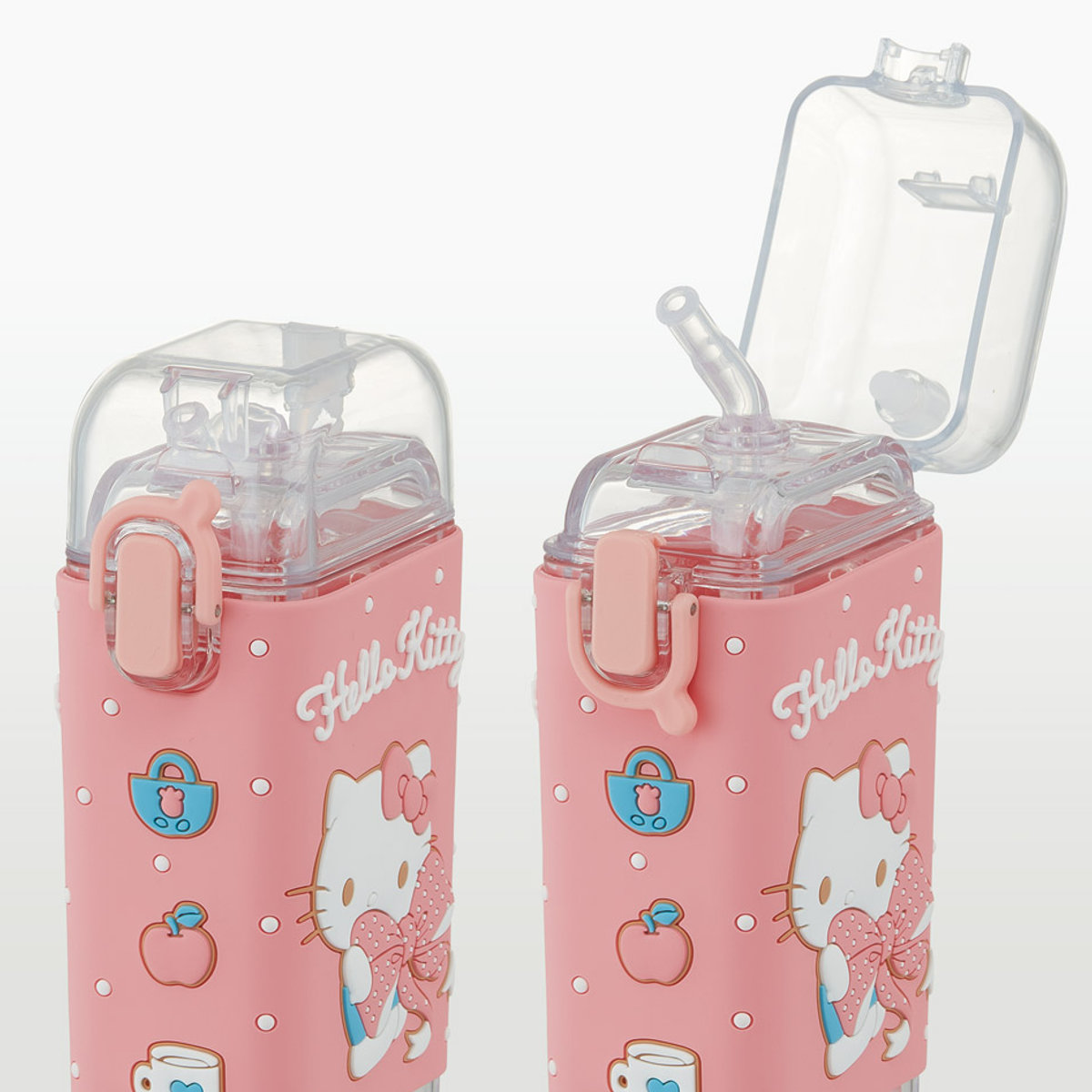 水筒 260ml スクエアストローボトルS キティビックリボン ( ハローキティ ストロー飲み ストローボトル ワンプッシュ プラスチック ストロー ボトル ストラップ付き すいとう 軽い キッズ 子供 クリア )