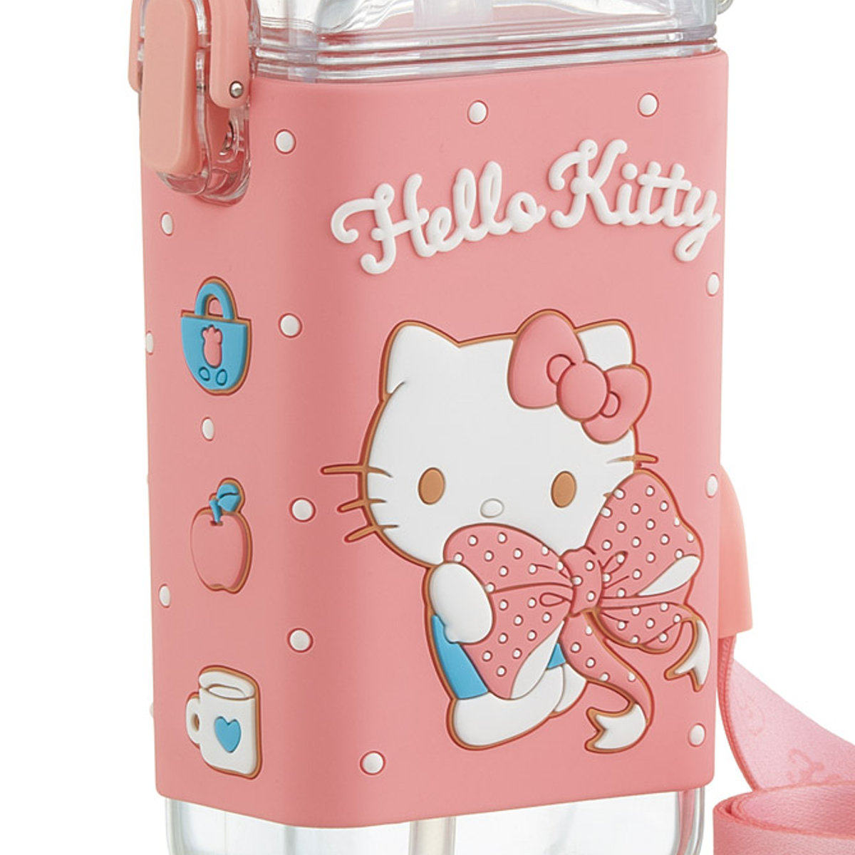水筒 260ml スクエアストローボトルS キティビックリボン ( ハローキティ ストロー飲み ストローボトル ワンプッシュ プラスチック ストロー ボトル ストラップ付き すいとう 軽い キッズ 子供 クリア )