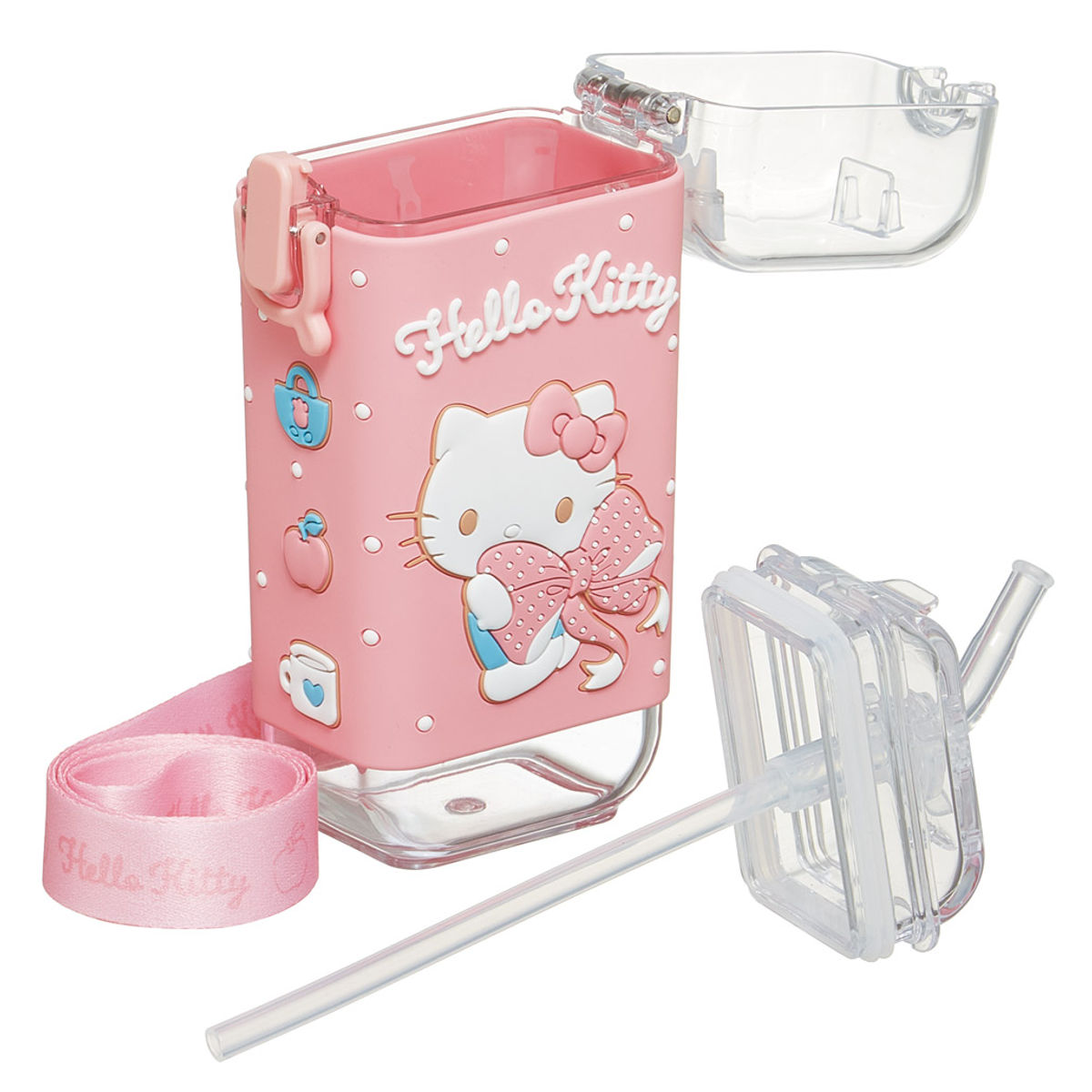 水筒 260ml スクエアストローボトルS キティビックリボン ( ハローキティ ストロー飲み ストローボトル ワンプッシュ プラスチック ストロー ボトル ストラップ付き すいとう 軽い キッズ 子供 クリア )