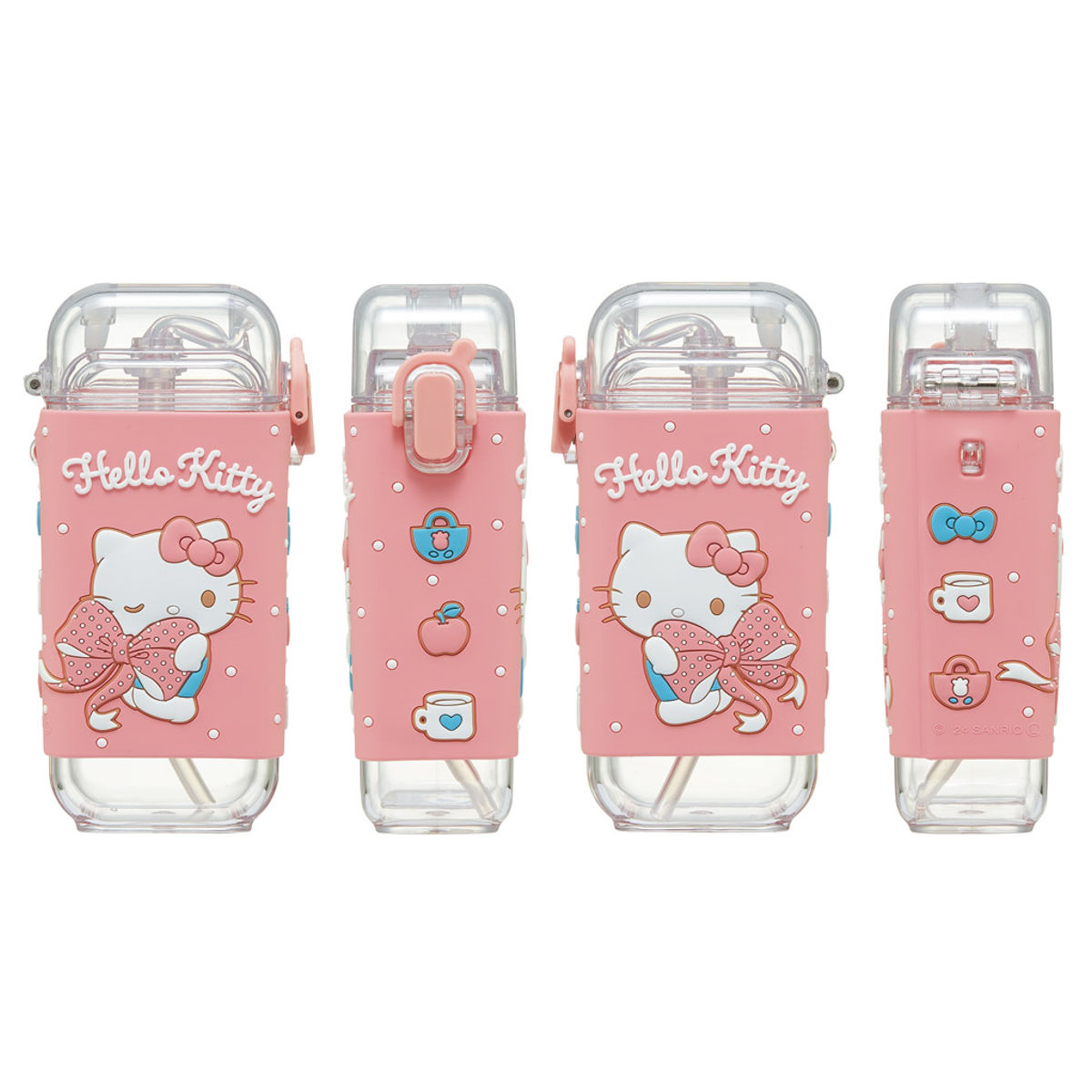 水筒 260ml スクエアストローボトルS キティビックリボン ( ハローキティ ストロー飲み ストローボトル ワンプッシュ プラスチック ストロー ボトル ストラップ付き すいとう 軽い キッズ 子供 クリア )