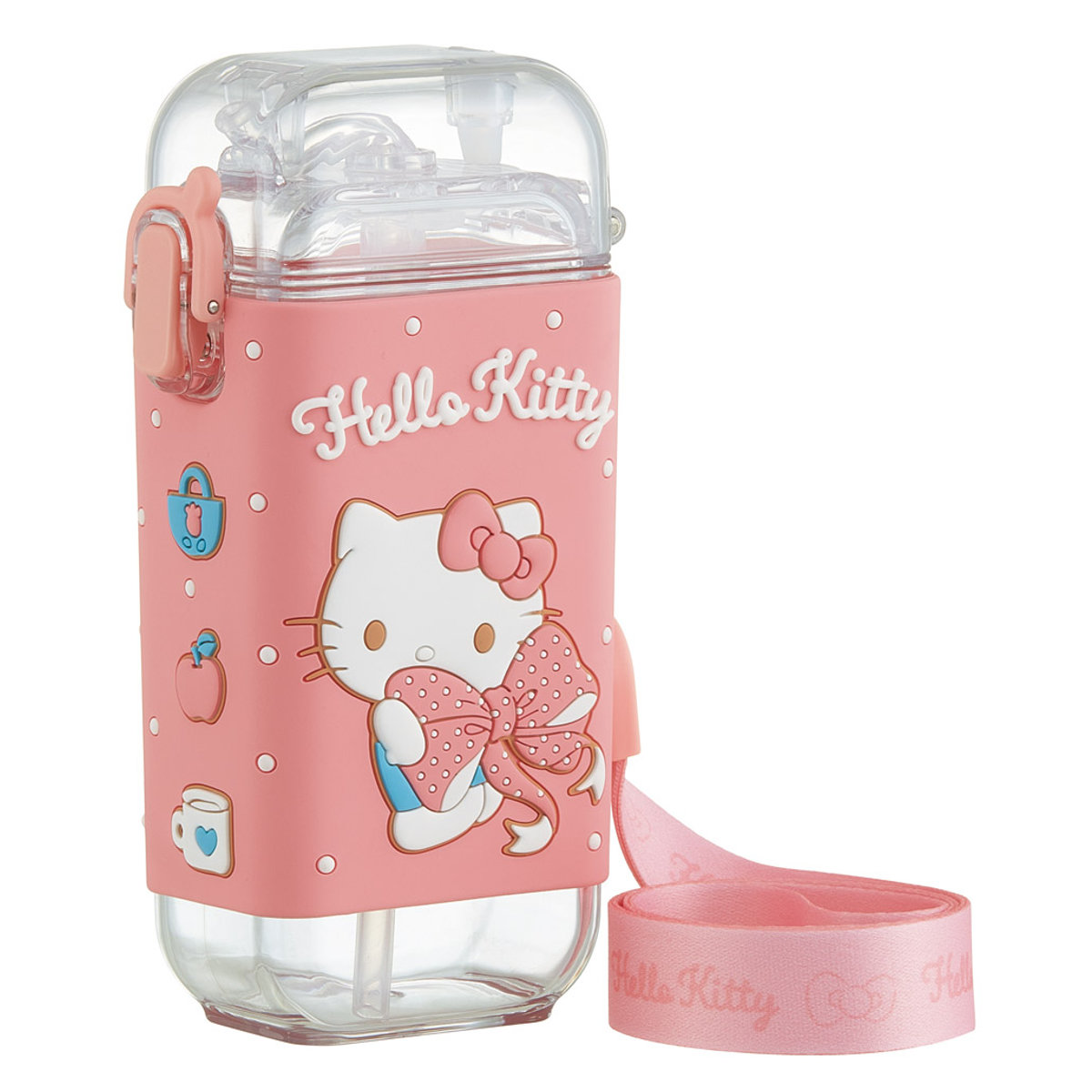 水筒 260ml スクエアストローボトルS キティビックリボン ( ハローキティ ストロー飲み ストローボトル ワンプッシュ プラスチック ストロー ボトル ストラップ付き すいとう 軽い キッズ 子供 クリア )