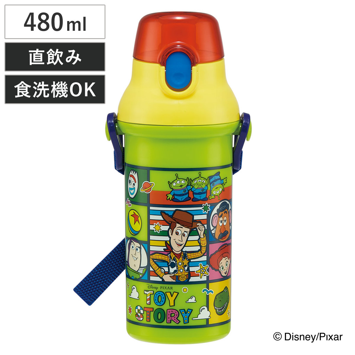 水筒 480ml 抗菌直飲プラボトル トイ・ストーリー25 ( トイ・ストーリー 子供用 抗菌 プラスチック製 ダイレクトボトル 直飲み ワンタッチ 日本製 抗菌加工 AG 銀 ショルダーベルト付き 広口 軽量 ボトル ワンプッシュ )