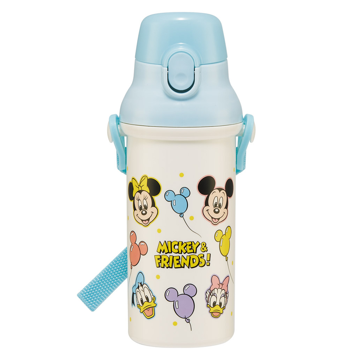 水筒 480ml 抗菌直飲プラボトル ミッキー&フレンズ風船 ( ディズニー 子供用 抗菌 プラスチック製 ダイレクトボトル 直飲み ワンタッチ 日本製 抗菌加工 AG 銀 ショルダーベルト付き 広口 軽量 ボトル ワンプッシュ )
