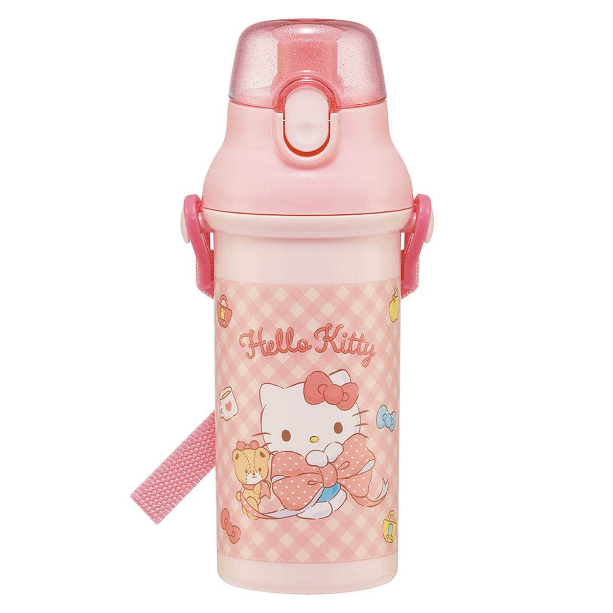水筒 480ml 抗菌直飲プラボトル キティビックリボン ( ハローキティ 子供用 抗菌 プラスチック製 ダイレクトボトル 直飲み ワンタッチ 日本製 抗菌加工 AG 銀 ショルダーベルト付き 広口 軽量 ボトル ワンプッシュ )