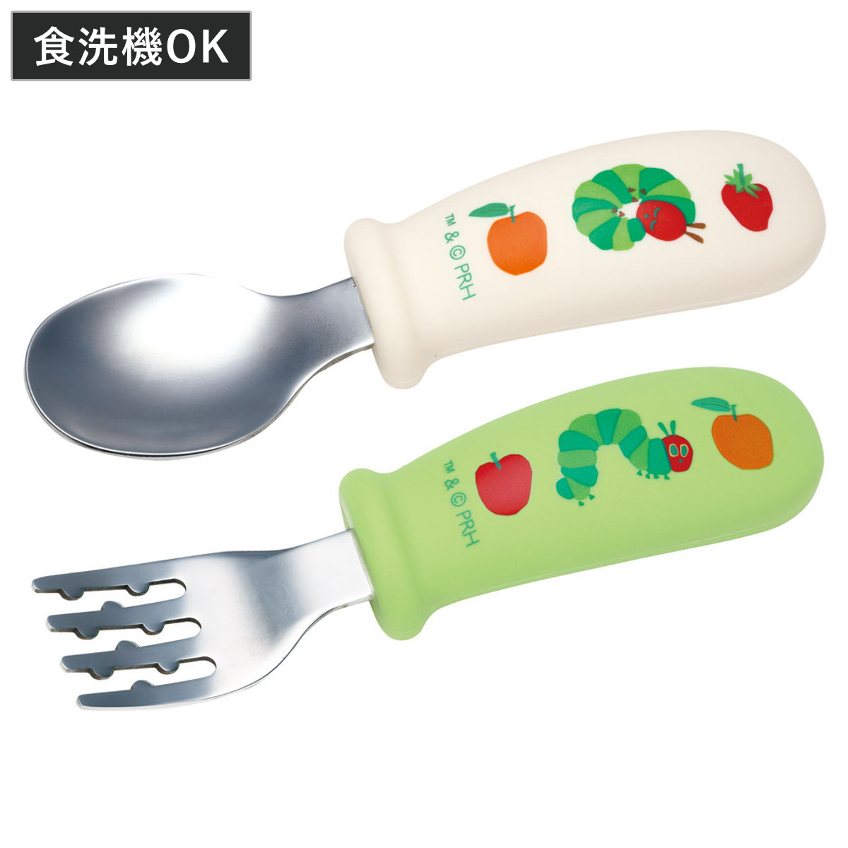 スプーン フォーク セット はらぺこあおむし 握りやすい シリコン ( スプーン&フォーク ステンレス 食洗機対応 子供 ベビー 赤ちゃん カトラリー 持ちやすい 食事 ご飯 練習 麺 凸凹形状 男の子 女の子 )