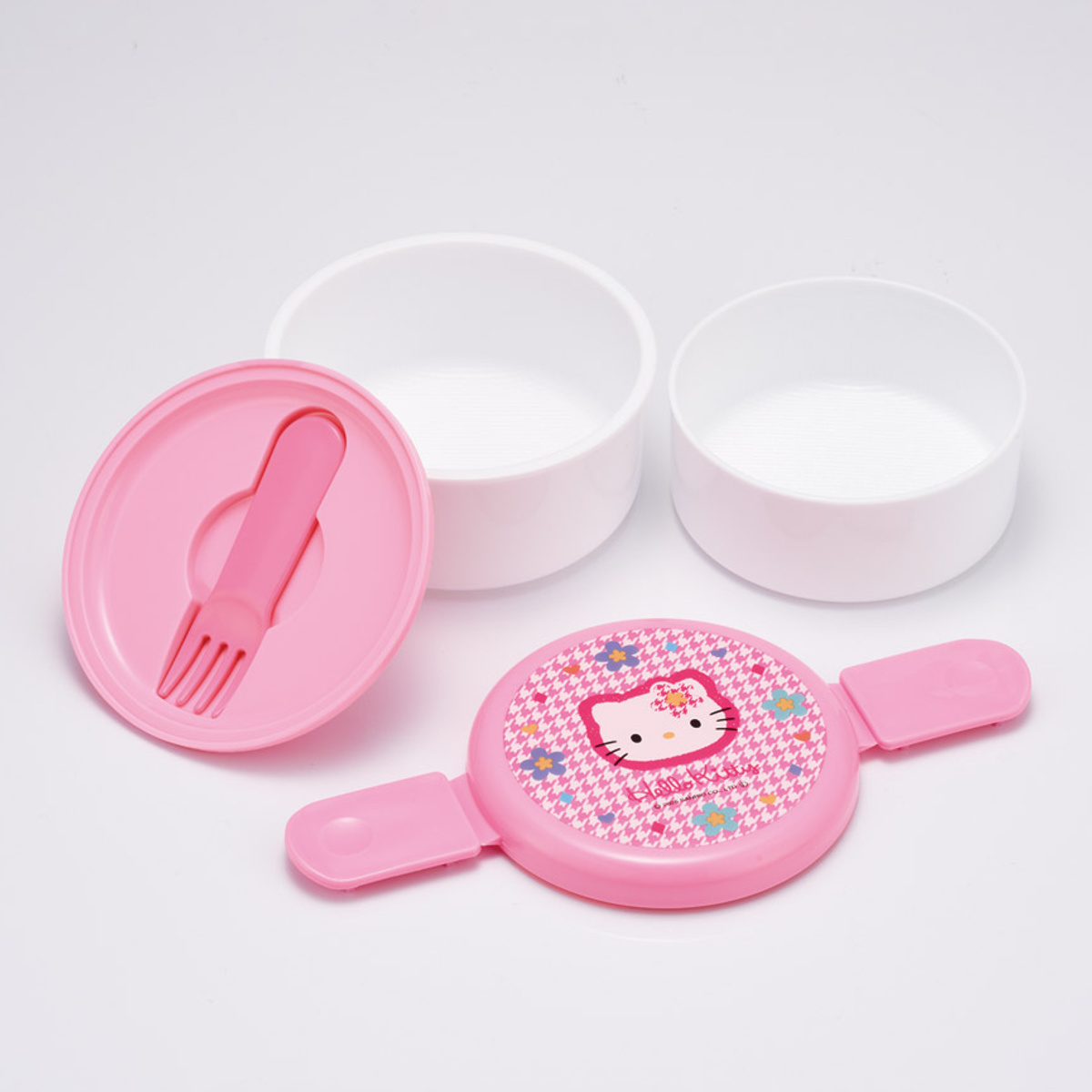 弁当箱 500ml 抗菌丸型ランチBOX2段 キティ カオハナ ( 食洗機対応 抗菌 丸型 ランチボックス レンジ対応 二段 日本製 レンジOK 食洗機OK お弁当 弁当 フォーク付き 銀 AG 抗菌加工 )