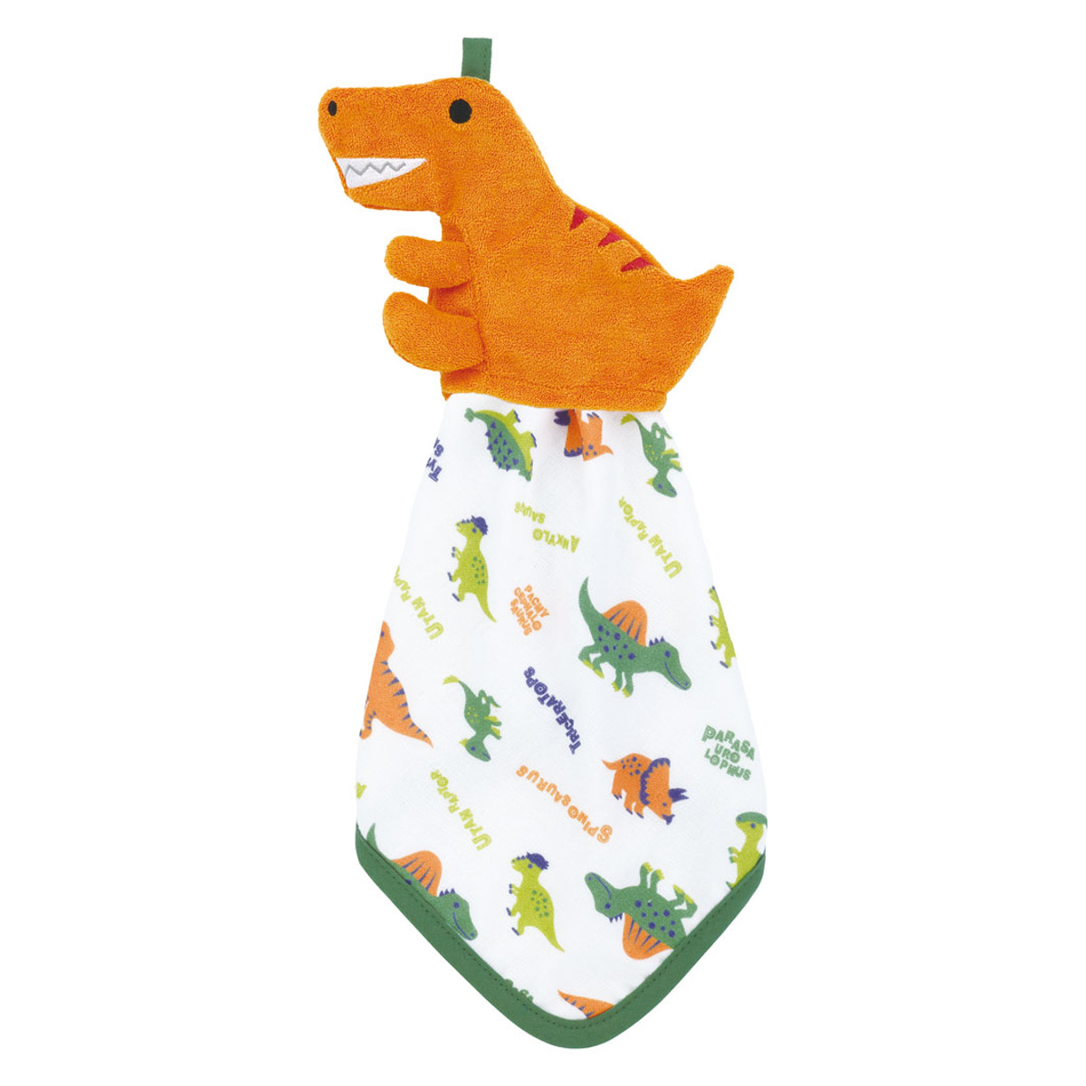 ハンドタオル マスコット付き タオル 赤ちゃん ティラノサウルス （ ループ付きタオル ループ付きハンドタオル 綿100％ ガーゼ パイル ループ付き ガーゼハンカチ タオルハンカチ ハンカチ 綿 コットン 吸水 速乾 かわいい ）