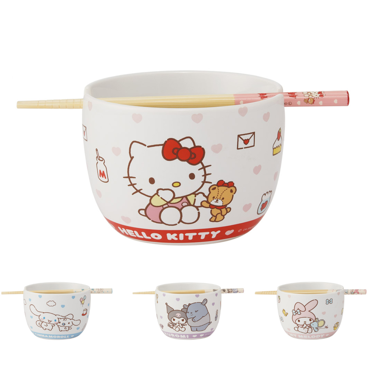 陶器製 ボウル 箸 セット サンリオ ( ハローキティ マイメロディ クロミ シナモロール 陶磁器 キャラクター 電子レンジ対応 食洗機対応 かわいい お椀 碗 お箸 はし ハシ 取り分け鉢 ラーメン スープ キャラ ) 【クロミ】