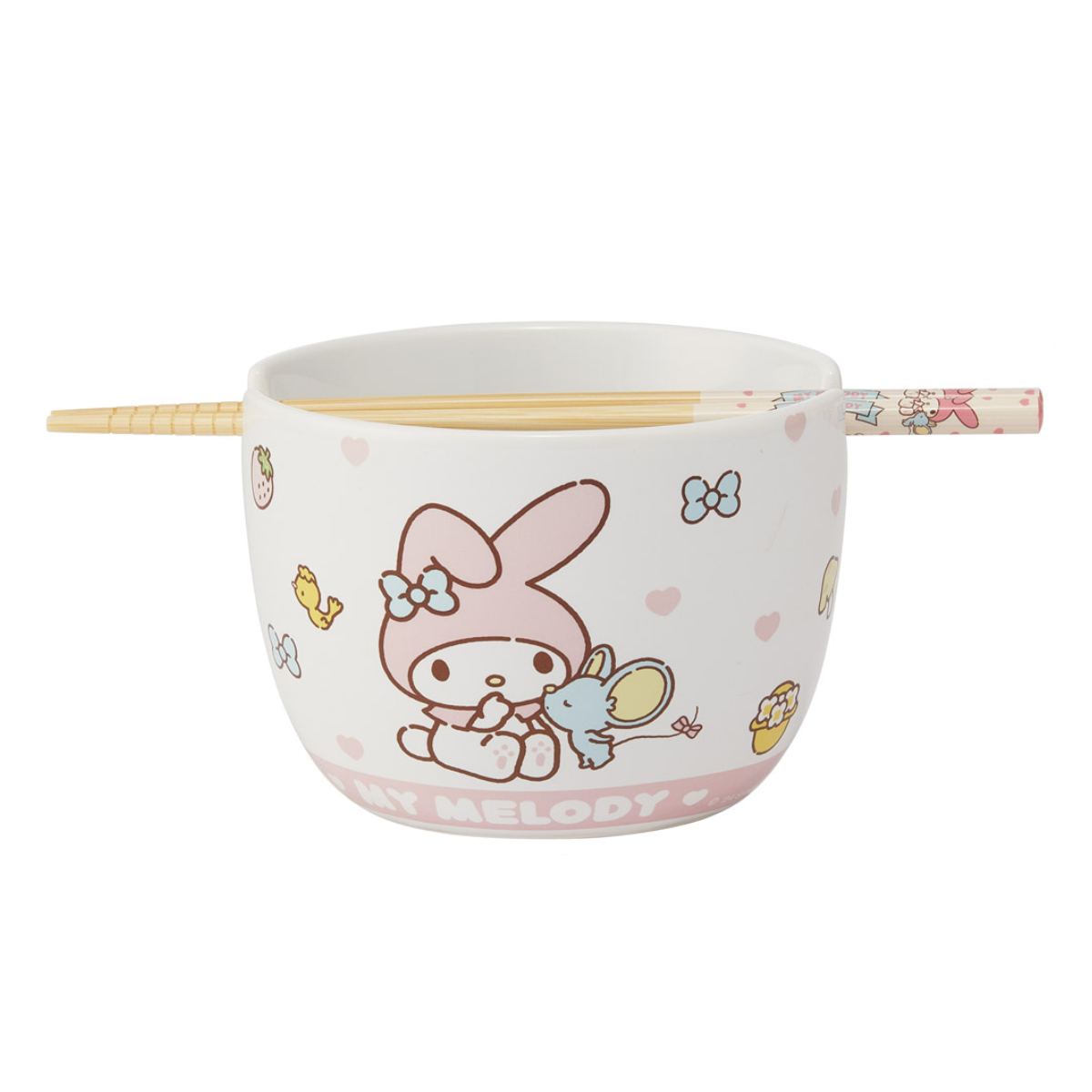 陶器製 ボウル 箸 セット サンリオ ( ハローキティ マイメロディ クロミ シナモロール 陶磁器 キャラクター 電子レンジ対応 食洗機対応 かわいい お椀 碗 お箸 はし ハシ 取り分け鉢 ラーメン スープ キャラ ) 【ハローキティ】 ハローキティ
