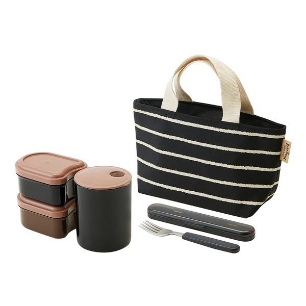 ランチボックス バッグ付き レトロフレンチカラー フォーク付き オレンジレッド ( お弁当箱 ランチボックス 弁当箱 大人 弁当箱 ポット付 ケース付 ポット付き セット シンプル 使いやすい ) 【ブラック】 ブラック