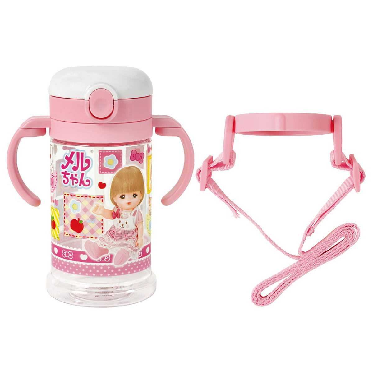 ストローマグ 折りたたみ 370ml メルちゃん 目盛り付き ( マグ ベビーマグ 持ち手付き ベルト付き おでかけ ベビー 女の子 キャラクター トレーニングマグ 両手マグ 肩掛け 子供 キッズ コップ トレーニング ストロー プラスチック )