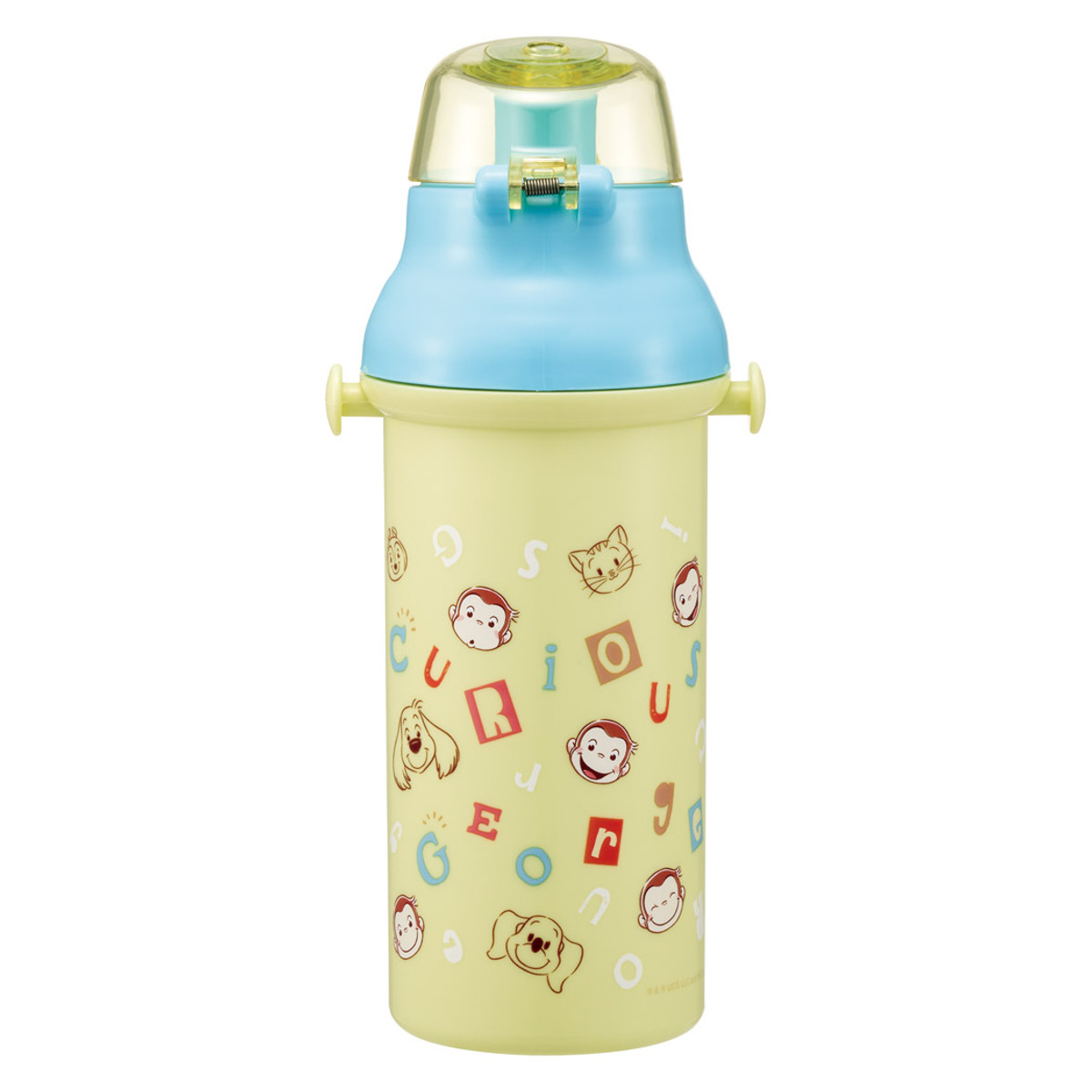 水筒 480ml 直飲プラワンタッチボトル ジョージ アルファベット ( 子供用 抗菌 プラスチック製 ダイレクトボトル 直飲み ワンタッチ 日本製 抗菌加工 ショルダーベルト付き 広口 軽量 ボトル ワンプッシュ )