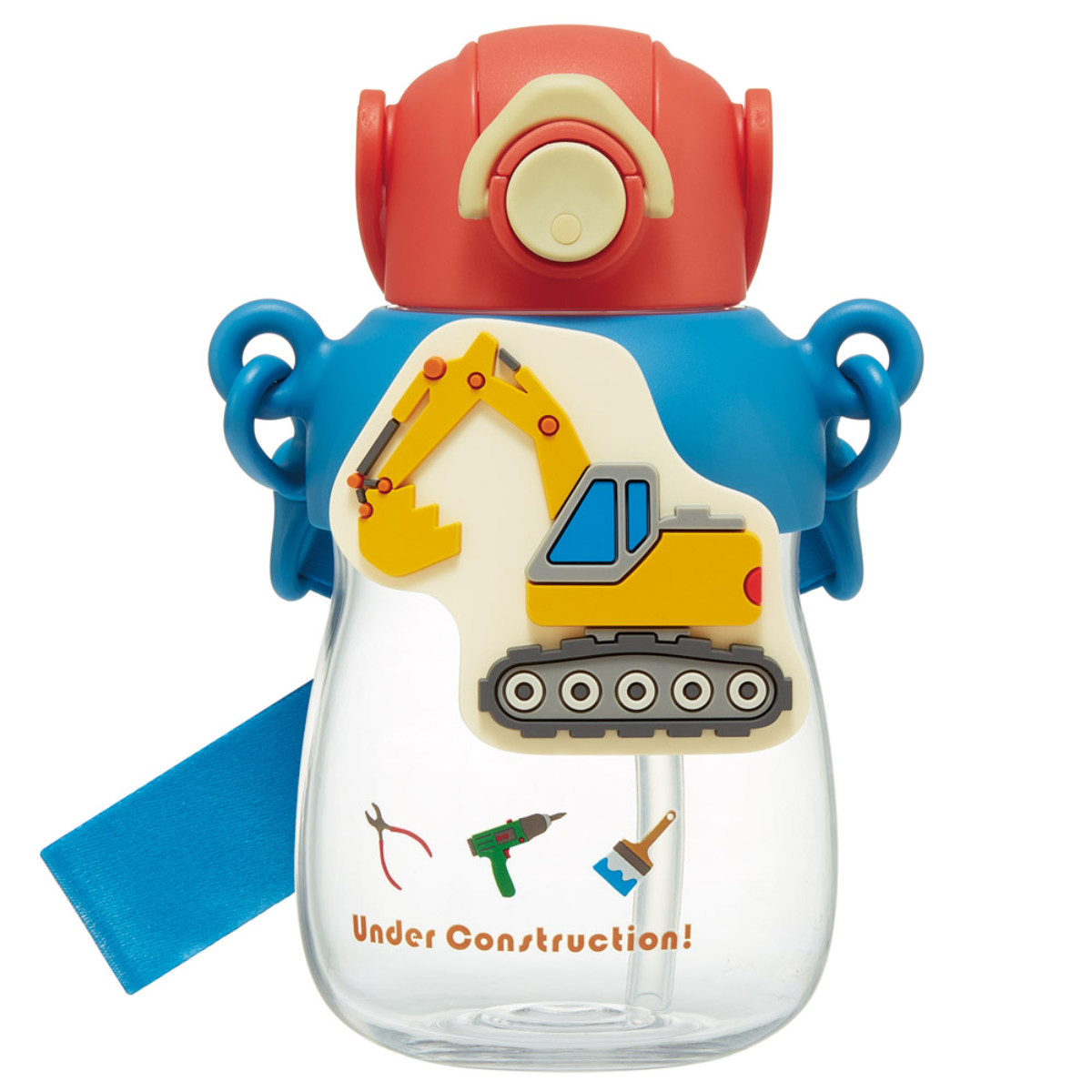 水筒 650ml ラバーマスコット付ストローボトル はたらくクルマ ( ストロー付ボトル ストローボトル クリアボトル ワンプッシュ ワンタッチ ストロータイプ 子供 子供用水筒 クリア ショルダーベルト 幼稚園 保育園 キッズ )