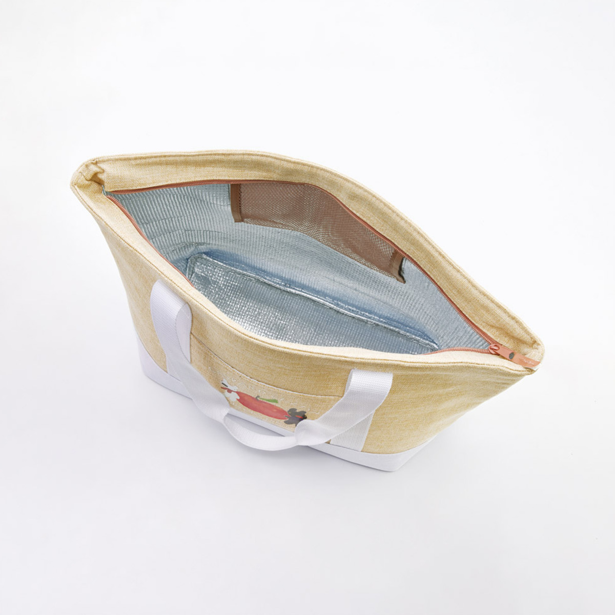 エコバッグ 麻風 トート 保冷 ショッピングバッグ リサ&ガスパール リンゴ柄 ( ランチバッグ 保温 クーラートートバッグ クーラーバッグ マチ広 ファスナー リサとガスパール レジャー 弁当袋 買い物 食料品 冷蔵 冷凍 かわいい )