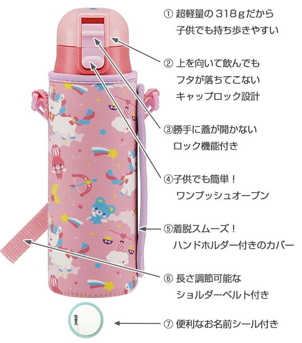 水筒 直飲み ステンレス ワンプッシュボトル カバー付き ユニコーン 470ml ( ステンレスボトル 幼稚園 保育園 子供用水筒 超軽量 ダイレクトボトル ステンレス製 子ども すいとう )