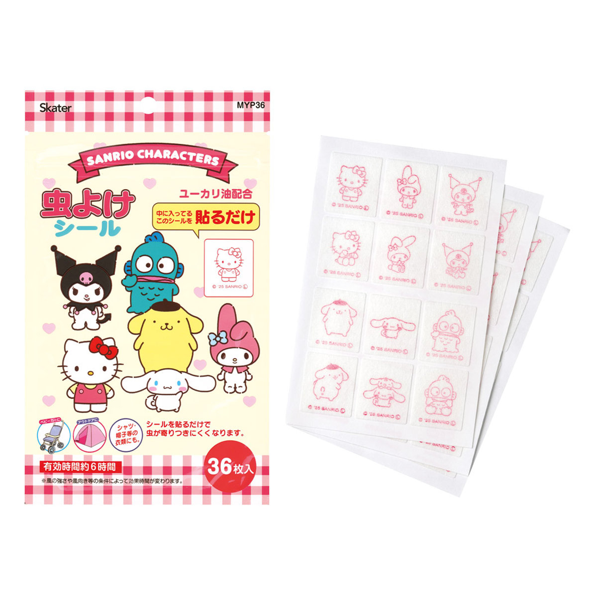 虫除けシール 36枚入 サンリオキャラクター ( サンリオ アウトドア 虫よけシール ユーカリ油配合 虫対策グッズ 虫除け用品 貼るだけ シールタイプ 虫除け 虫よけ シール 天然成分配合 子供用 日本製 )