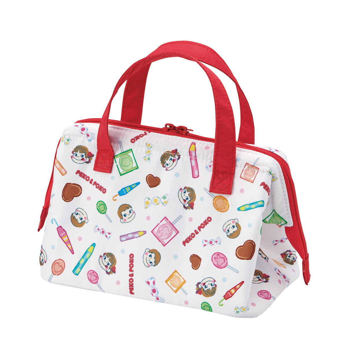 ランチバッグ がま口型ランチバッグ ペコちゃん おかし ( がま口型 保冷バッグ 保冷ランチバッグ 保冷 弁当袋 お弁当袋 お弁当入れ Wファスナー お弁当箱 弁当 袋 持ち運び おべんとう袋 )