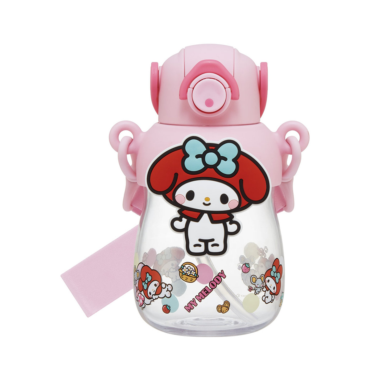水筒 650ml ラバーマスコット付ストローボトル マイメロ 大好きな日々 ( ストロー付ボトル ストローボトル クリアボトル ワンプッシュ ワンタッチ ストロータイプ 子供 子供用水筒 クリア ショルダーベルト 幼稚園 保育園 キッズ )