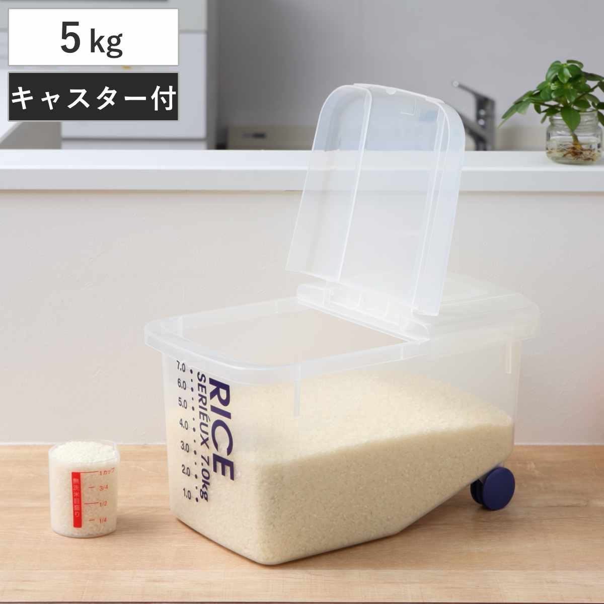 米びつ 防虫米びつ 5kg用 （ 5kg 計量カップ付き キャスター付き 無洗米対応 ライスボックス 米櫃 こめびつ 米 お米 保存 保管 無洗米 対応 防虫 ライスストッカー 米ストッカー コメビツ 目盛り 防虫効果 虫除け お米収納 防虫剤 ）